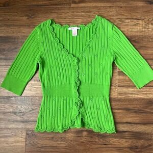 Lime Green Knit Sweater Y2K Floral Crochet Trim Sweater Top Boho Women Medium